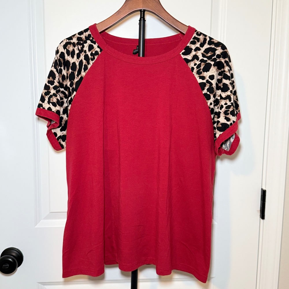 Emery Rose Womens XXL Red Animal Print Raglan Short Sleeve T-Shirt